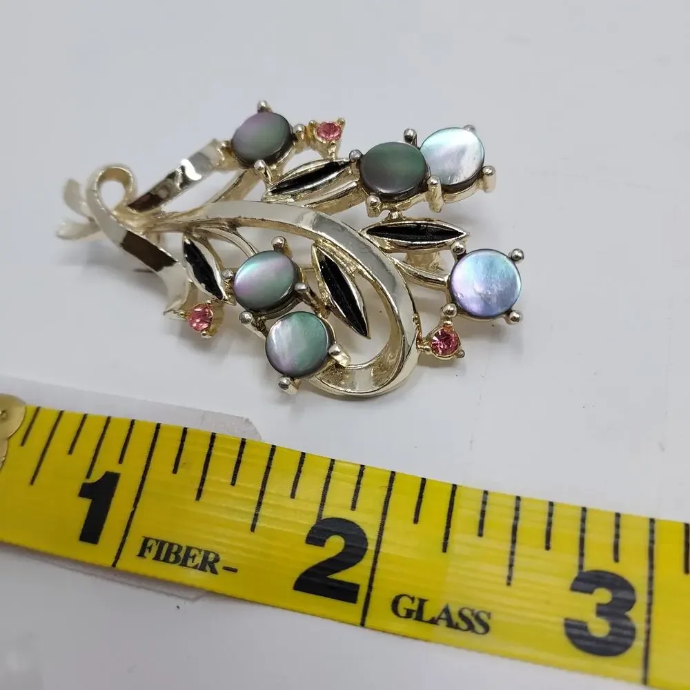 Vintage Moonglow and Pink Rhinetone Brooch Gold Tone Floral Bouquet 2.5